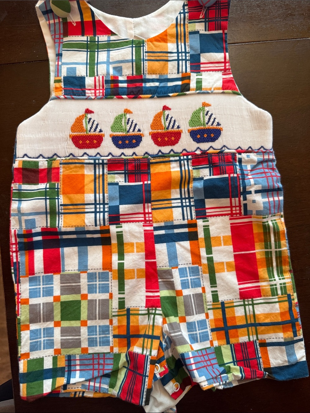 Kids Multicolor Plaid Sailboat One-Piece Romper
